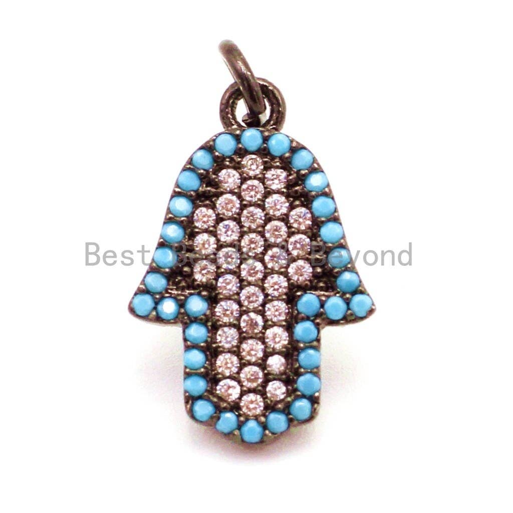 CZ Micro Pave Turquoise Hamsa Hand Bracelet Charm, Cubic Zirconia Charm,12x21mm, sku#F19