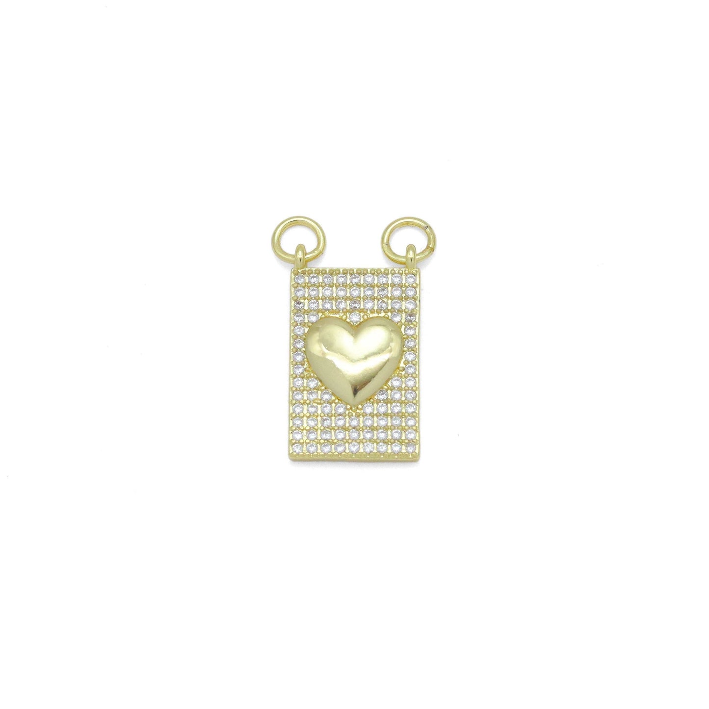 Gold Clear CZ Heart On Rectangle Charm Pendant, Sku#LK984