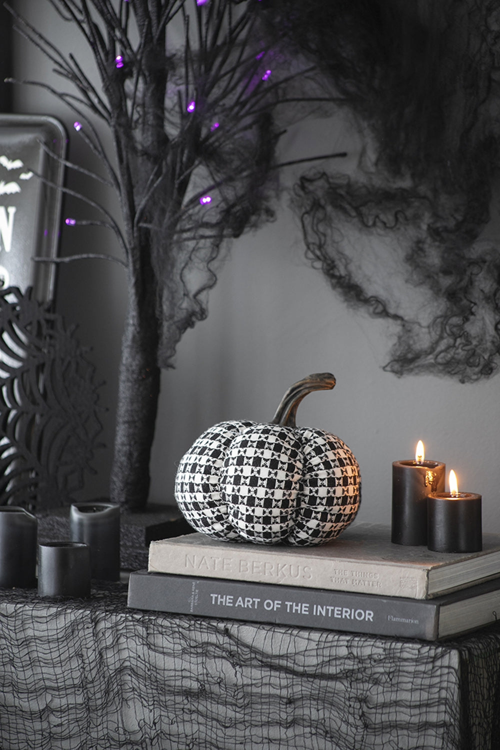 Set of 2 Fabric Black-White Plaid Pumpkin Decor
