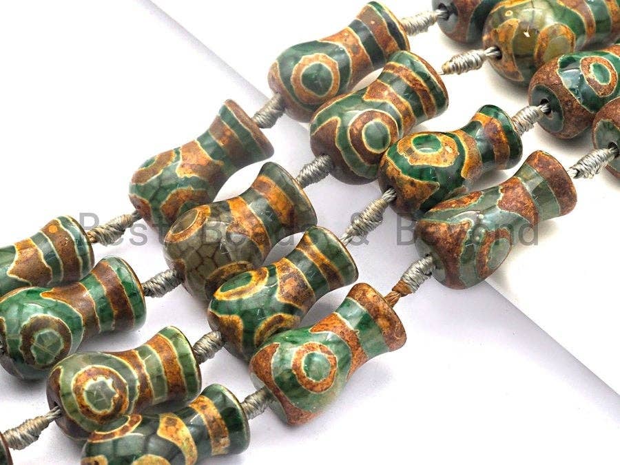 1pc/10pcs Etched Tibetan agate Vase Shape Beads, Dzi Agate Beads, Chunky Tibetan Agate, Green Brown Agate Beads, 15x25mm, Sku#U515