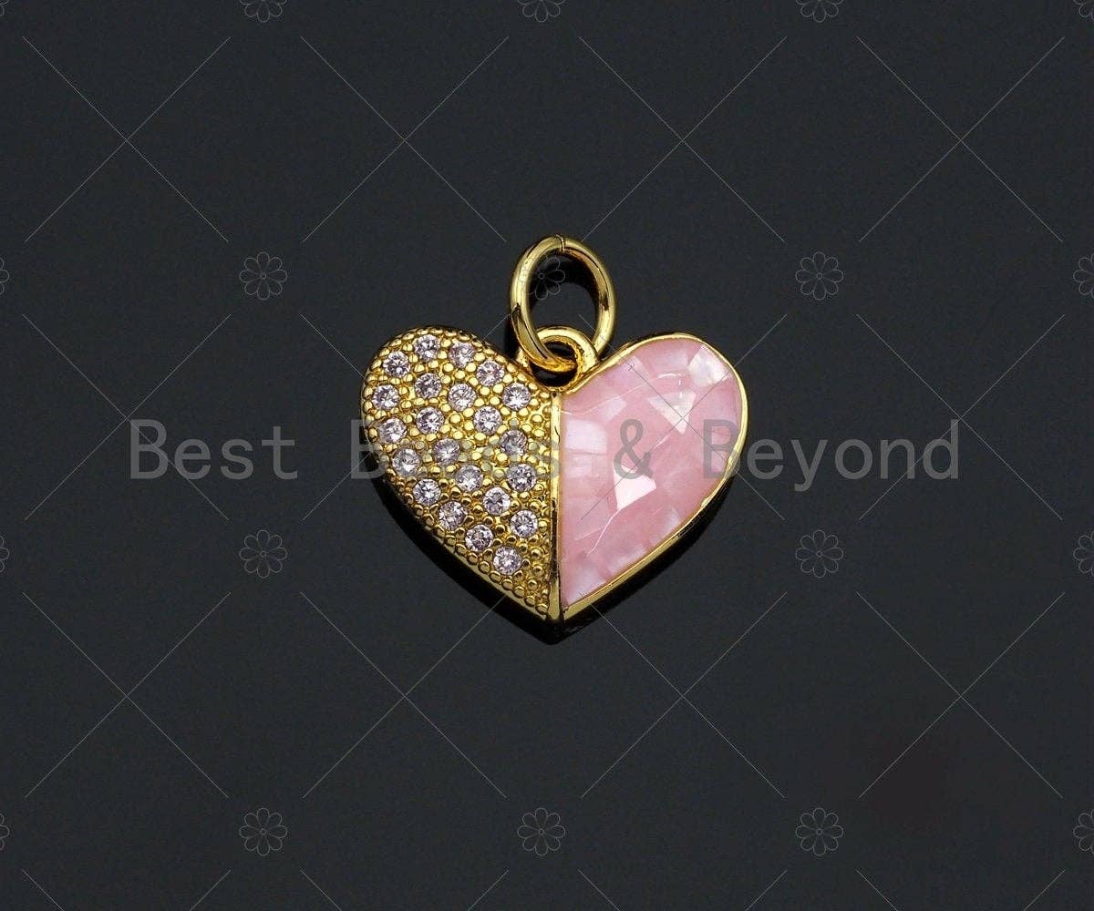 Heart Pink Pendant/Charm, Pink Mother-of-pearl Heart Pendant, Cubic Zirconia Pendant, Gold Tone,14x11 mm, Sku#LK72