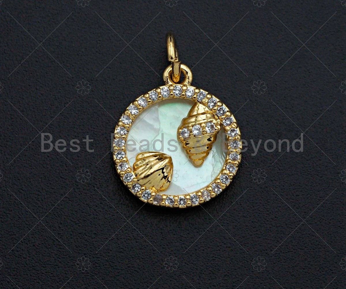 18K Gold CZ Micro Pave Sea Shell Inlay Charm, Mother-of-pearl Seashell Pendant Charm, Cubic Zirconia Charm, 12mm, sku#Z1128