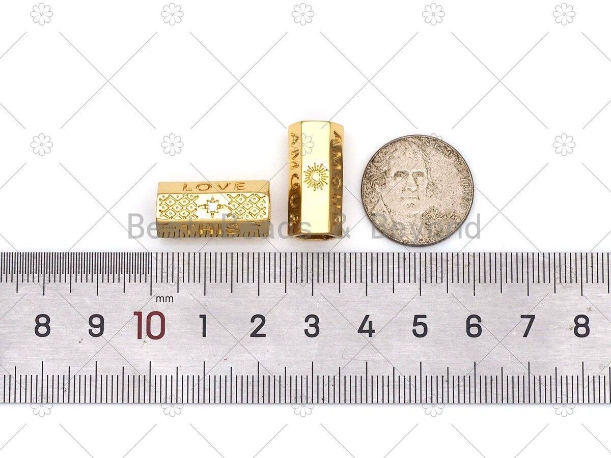 Love Word Heart/Amour Word North Star On Hexagon Shape Large Hole Tube Spacer Beads, 18K Gold Filled Beads, CZ Tube Spacer,10x21mm, Sku#Y521