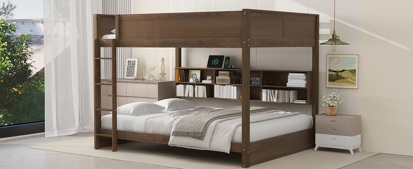 Queen over Queen Bunk Bed with Storage Cabinets and USB Ports