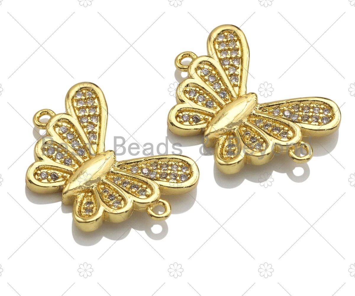 18K Gold Clear CZ Micro Pave Butterfly Connector, Sku#LK65