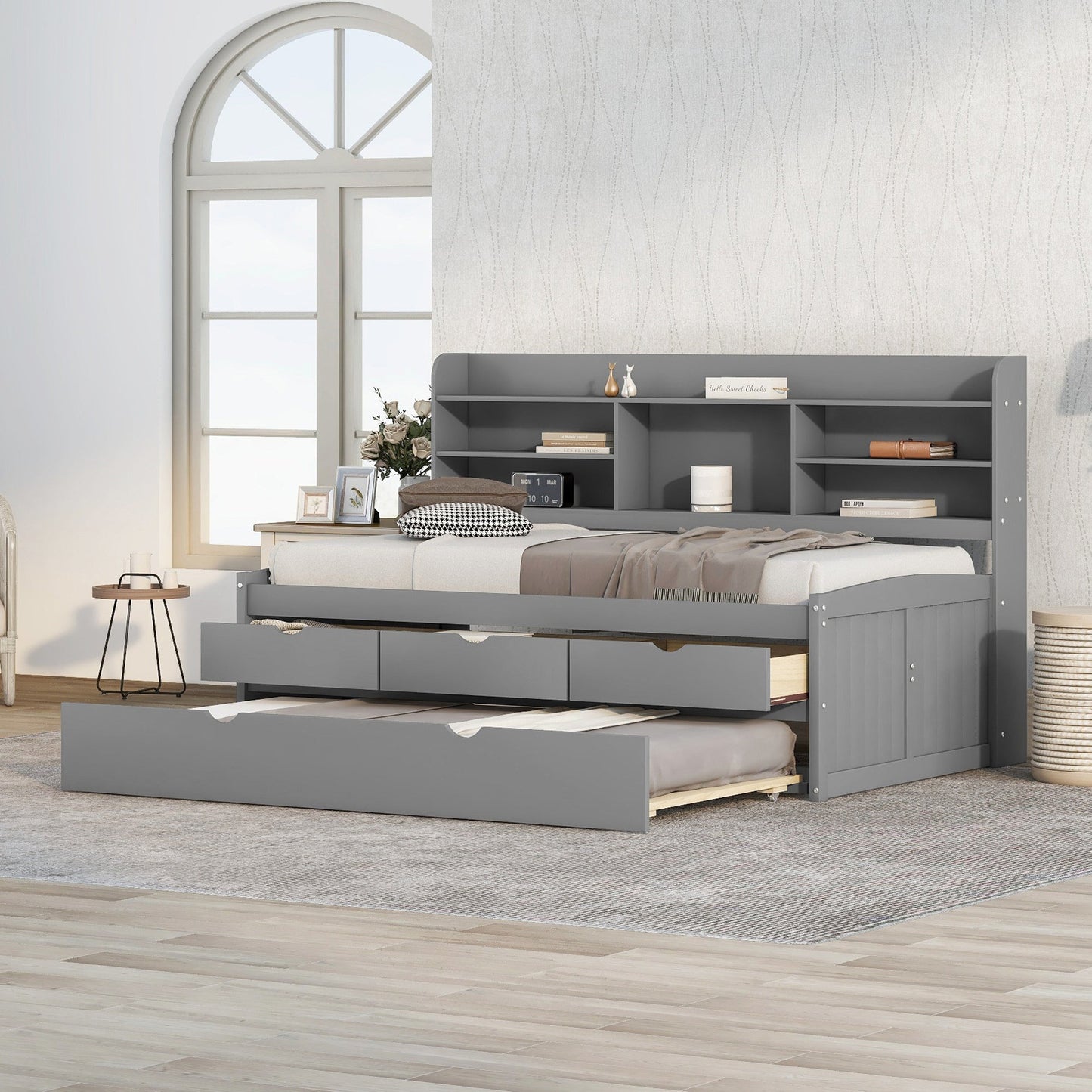 Twin Size Wooden Captain Bed with Built-in Bookshelves
