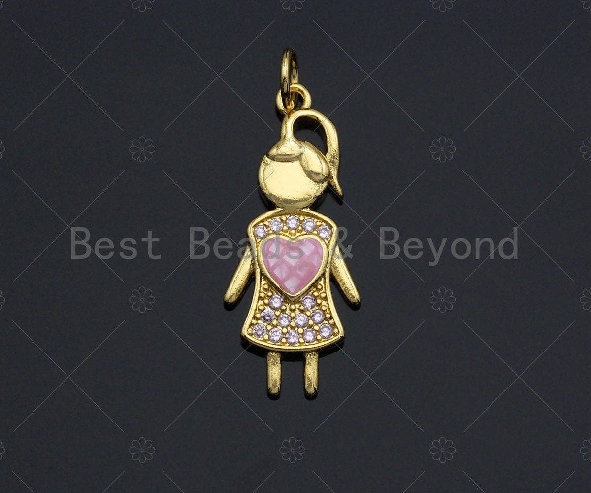 Girl With Pink Heart Pendant/Charm, Mother-of-pearl Inlay Heart Pendant, Cubic Zirconia Pendant, 11x26mm, Sku#LK74