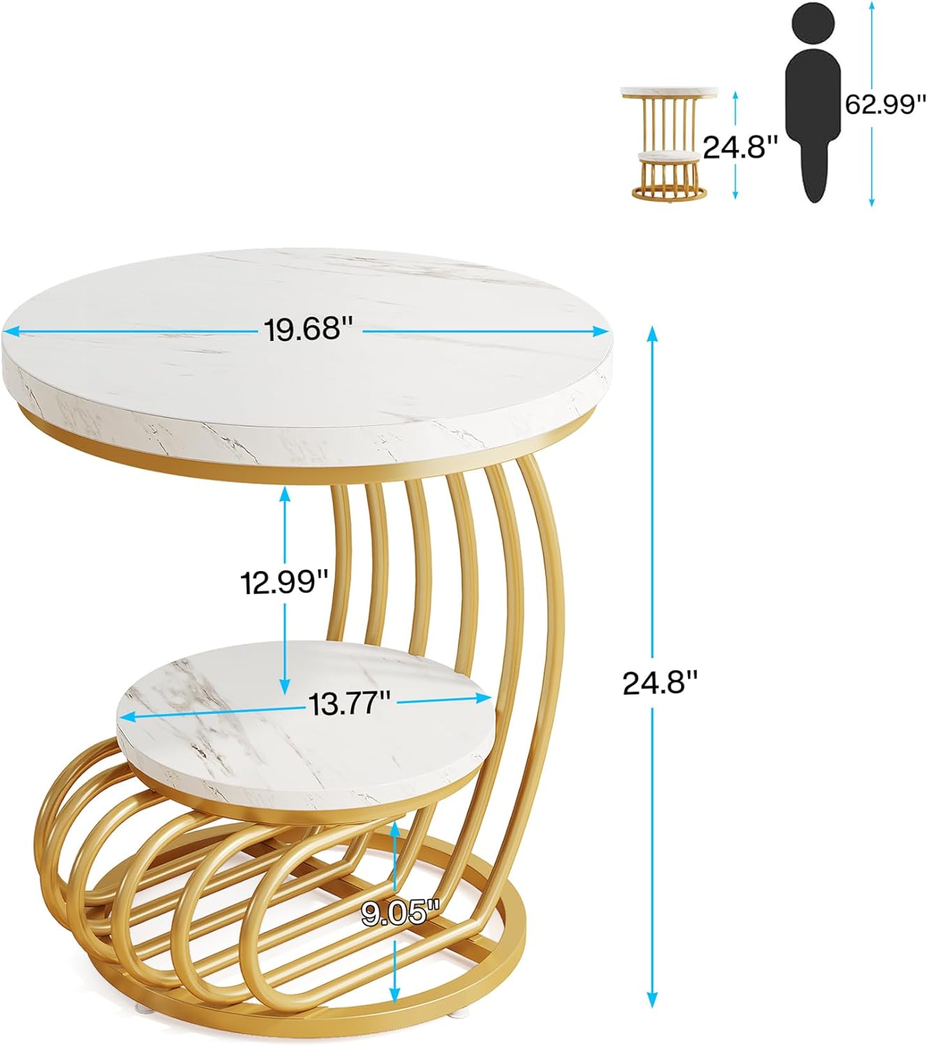 19.68" Modern Round End Table with 2-Tier Storage