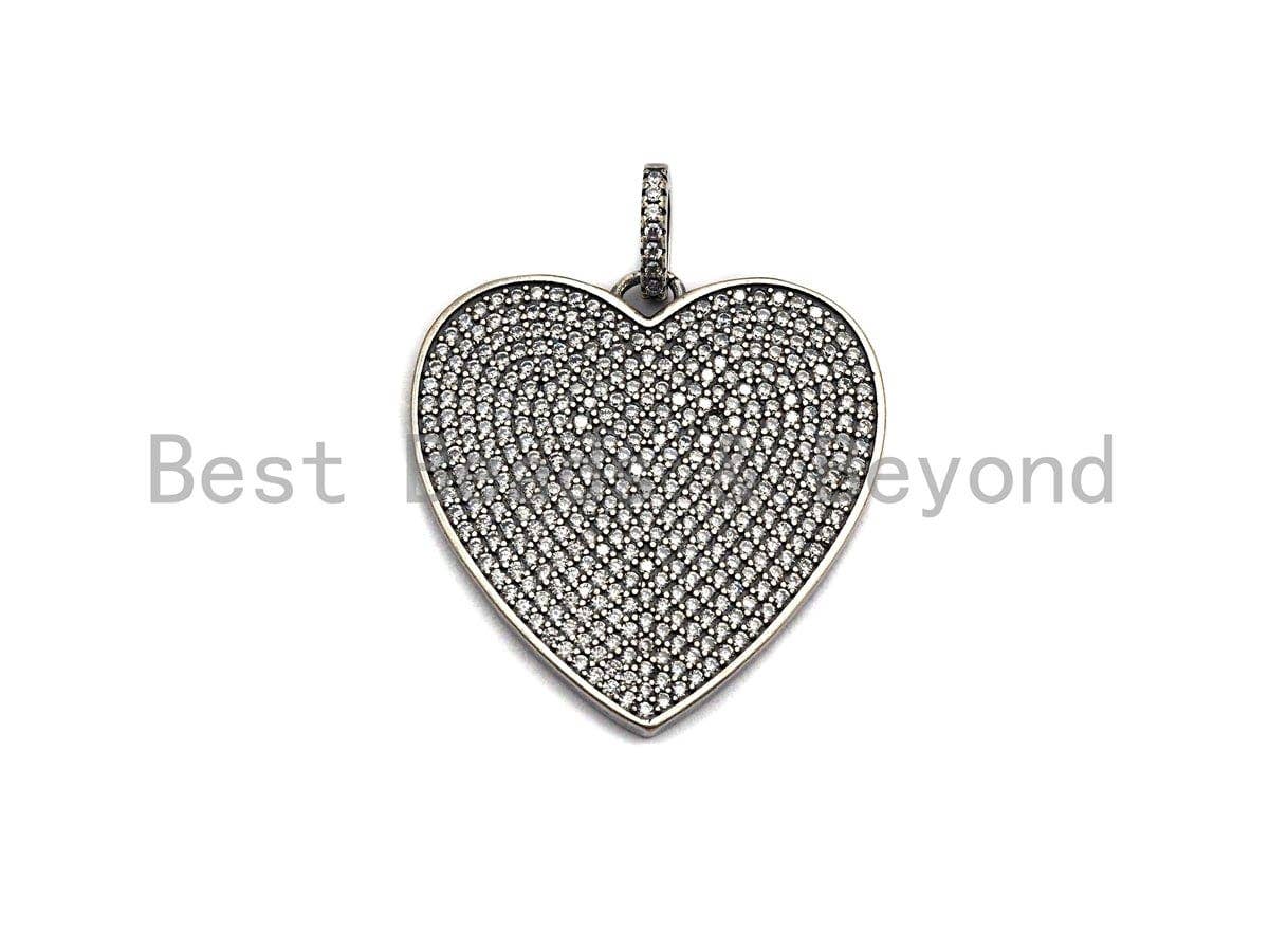 Rhidium CZ Micro Pave Heart Pendant, Heart Shaped Pave Pendant, Antique Silver Color Heart, 31x32mm, Sku#X119