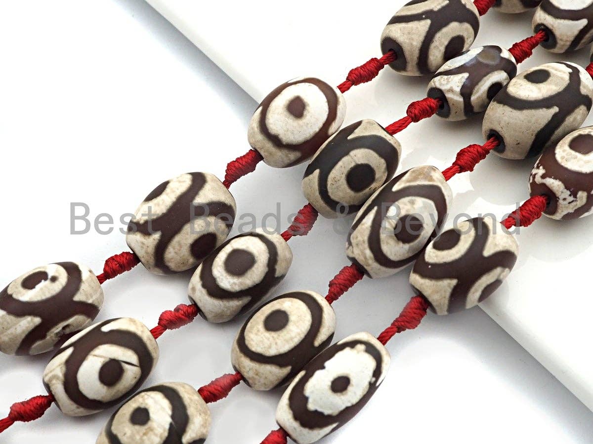 Tibetan Barrel Agate Beads, Dzi Eye Drum Spacer Beads, White Brown Tibetan Evil Eye Agate Beads, 15x20mm, sku#U534
