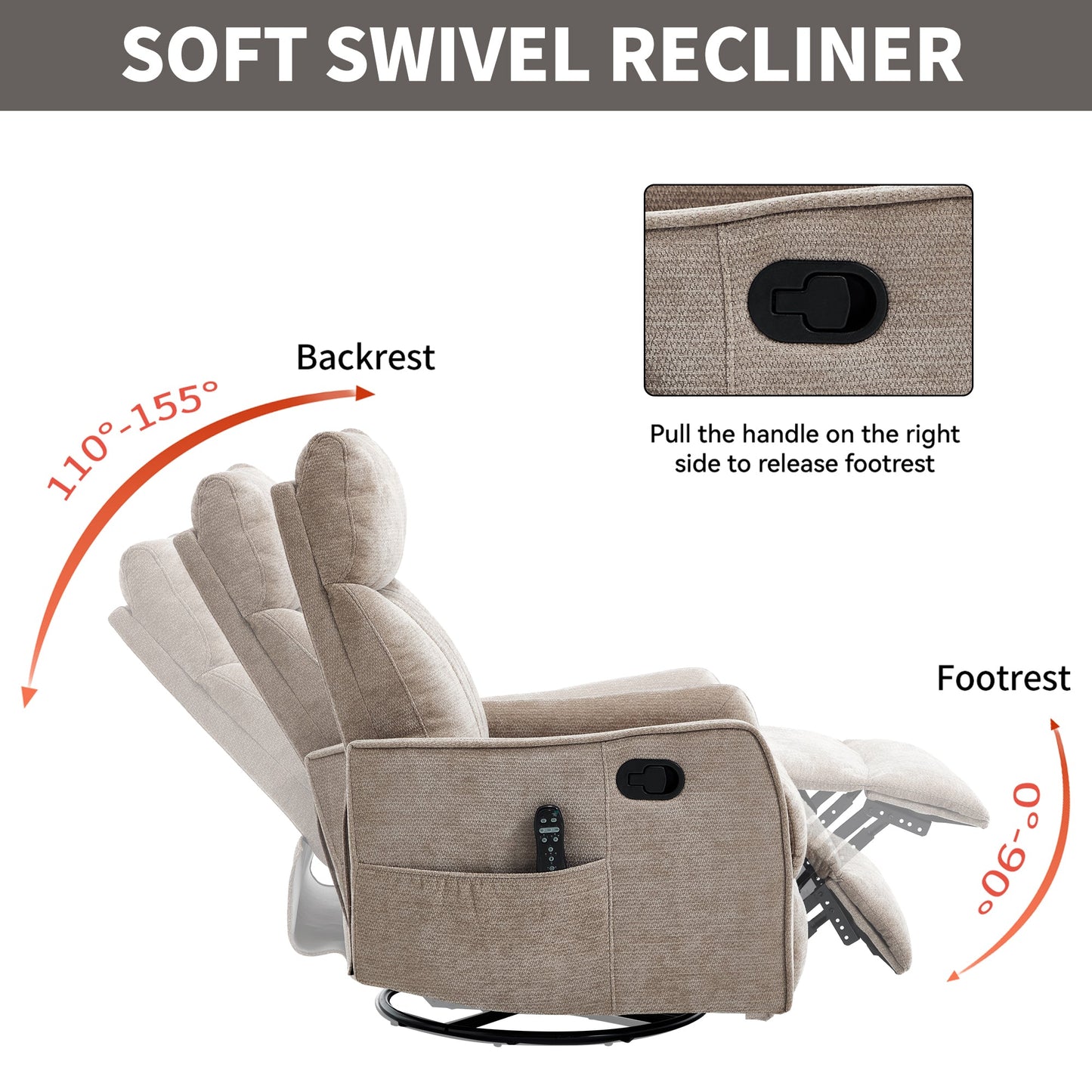 Khaki Heat Massage Manual Recliner Chair