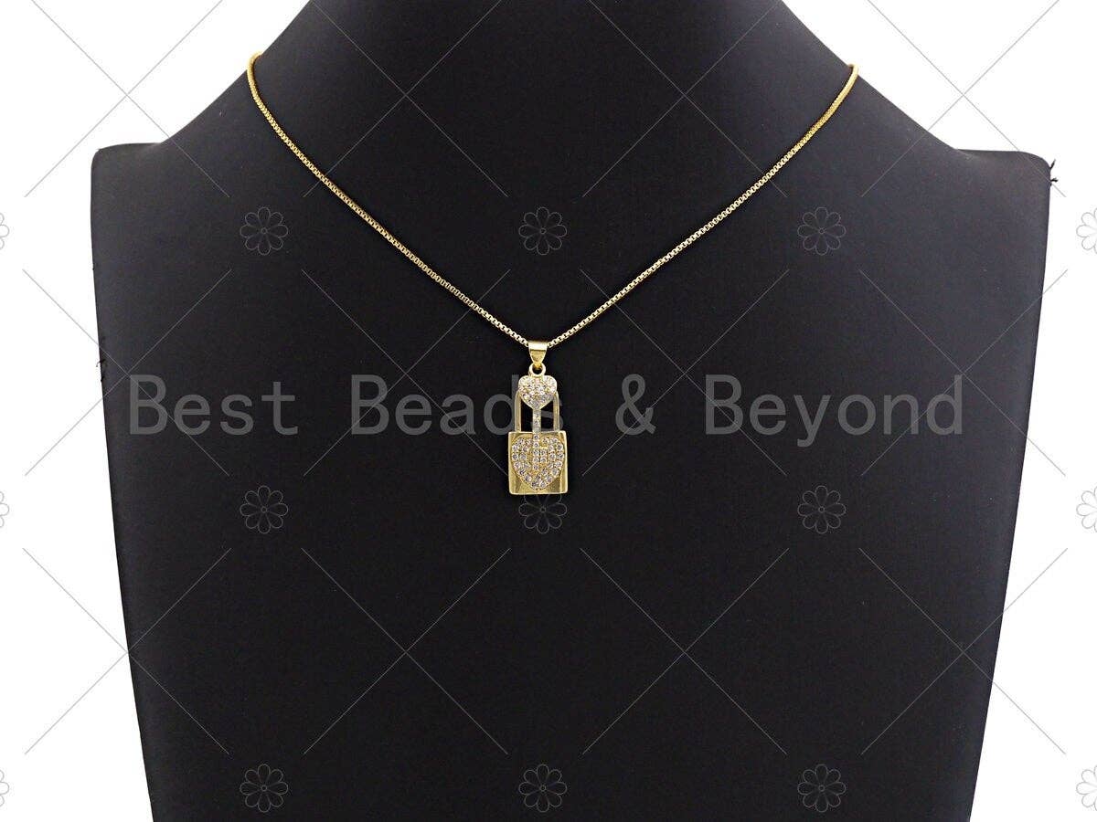 18K Gold CZ Micro Pave Lock with Key Pendant, Lock Pave Pendant, Gold Padlock, 12x26mm, Sku#LK18