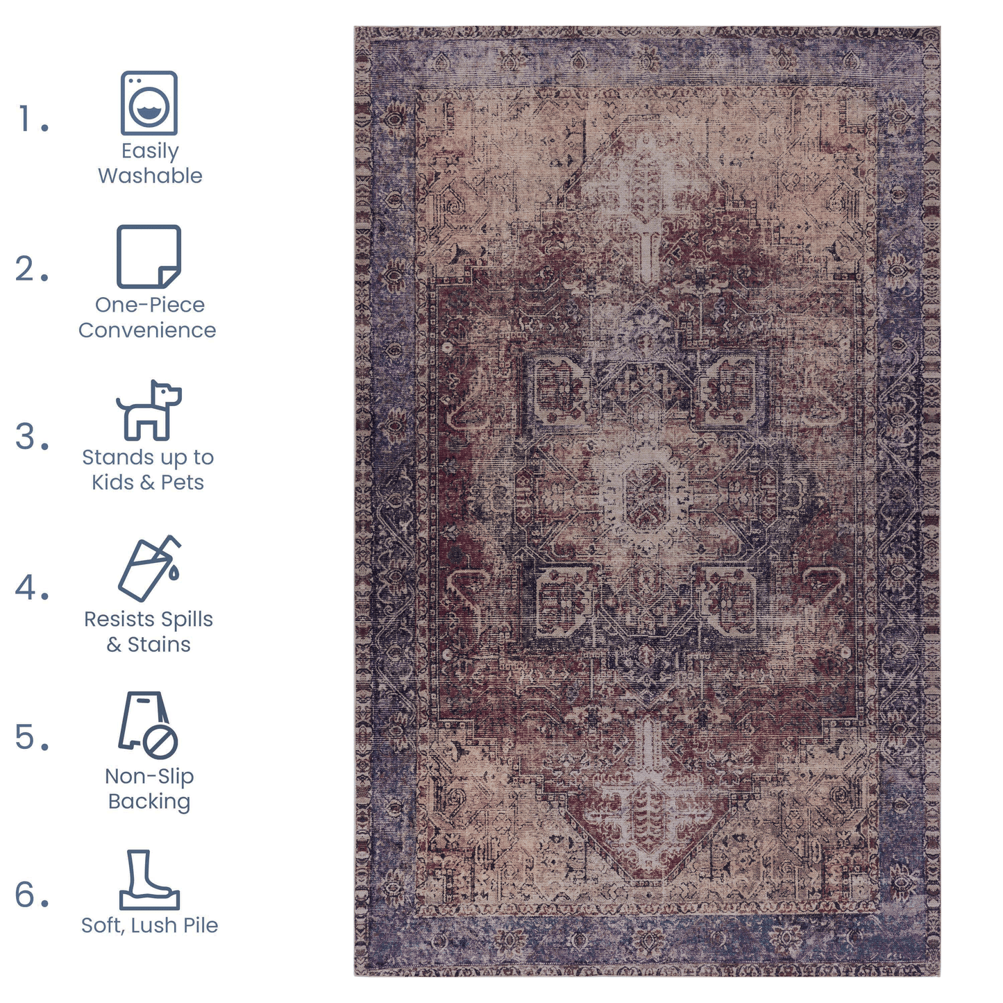 MAVAL Burgundy Washable Rug 5x8 Area Rug