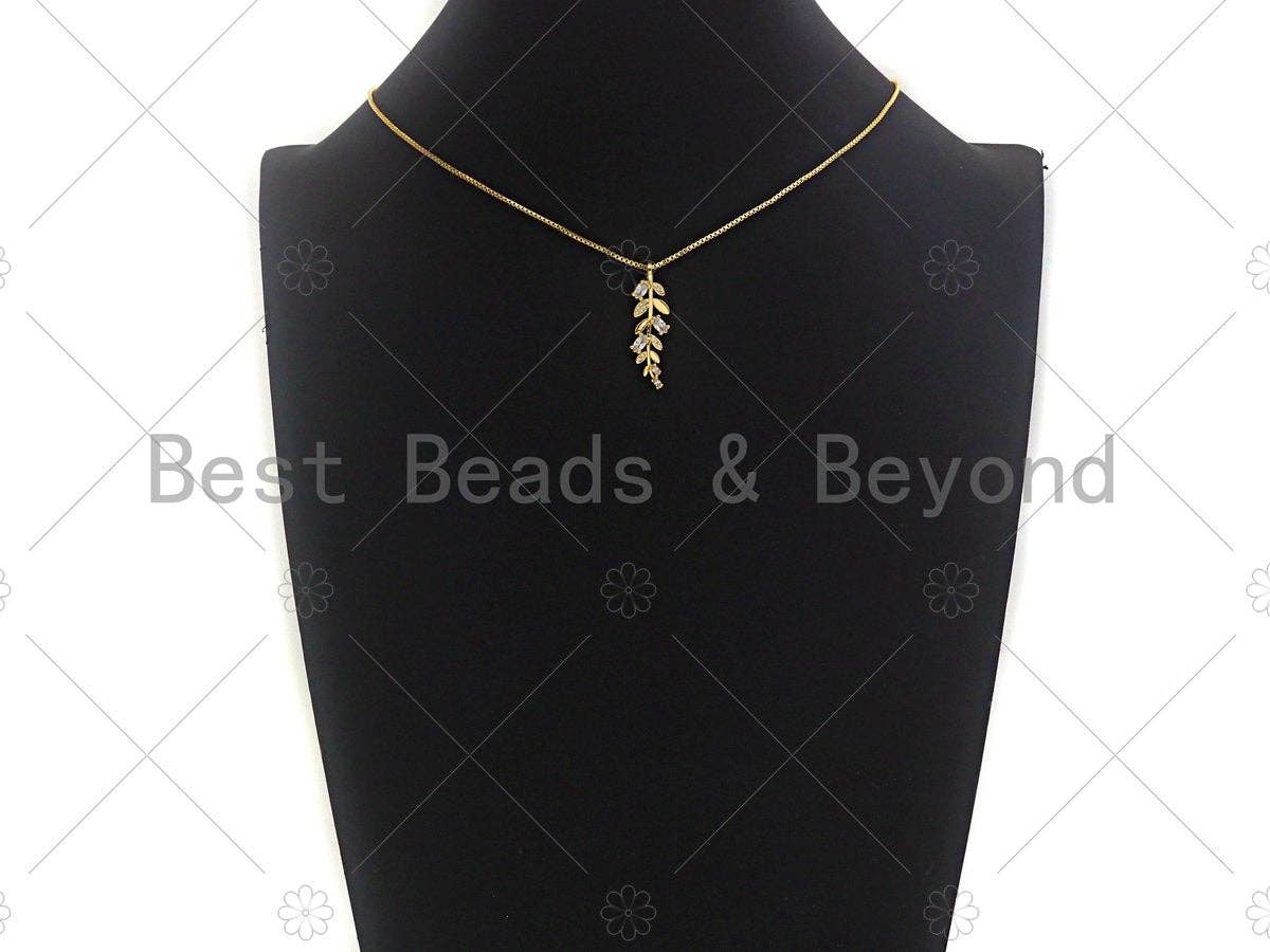 18K Gold  CZ Pave Leaf Pendant, Gold Leaf Pendant, Gold plated Leaf, 9x30mm, Sku#LK27