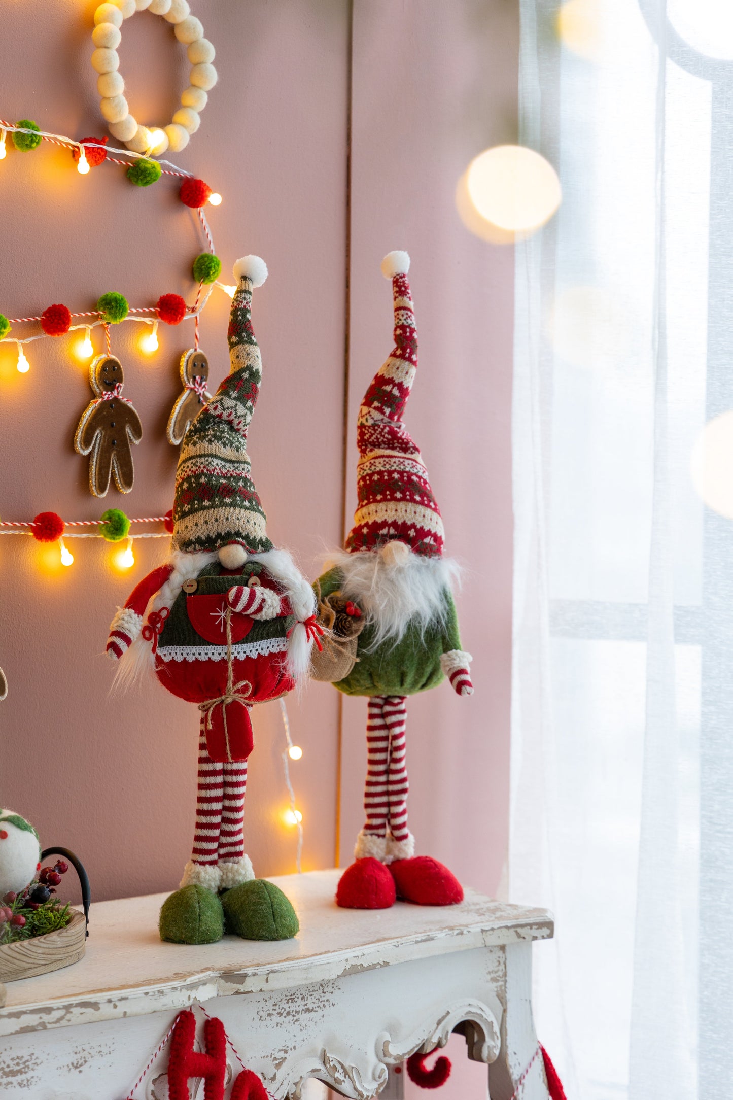 Set of 2 Fabric Standing Holiday Gnomes with Knit Hats