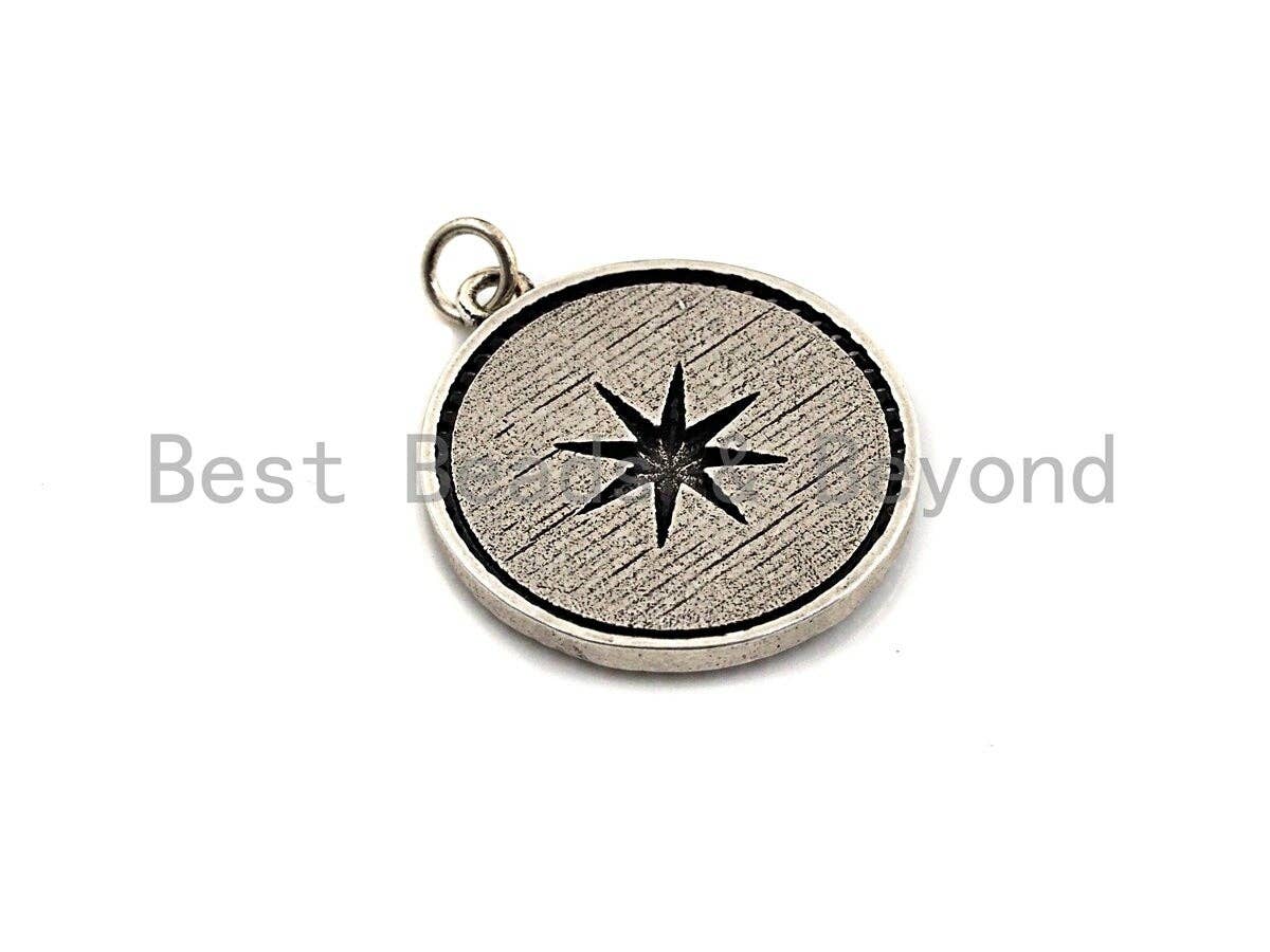 CZ Micro Pave Star on Round Disc Pendant, Antique Silver Tone, Cubic Zirconia Pave Coin Charm Pendant, 25x30mm,sku#F1020C
