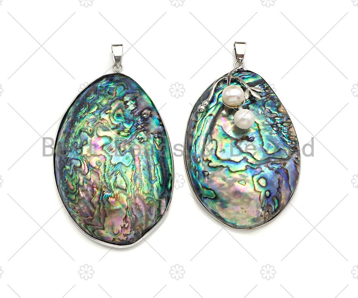 Large Natual Abalone Shell Pendant, Focal Puffy Abalone Pendant Silver Gold Finish with Pearl, Focal Abalone Charm, sku#R39