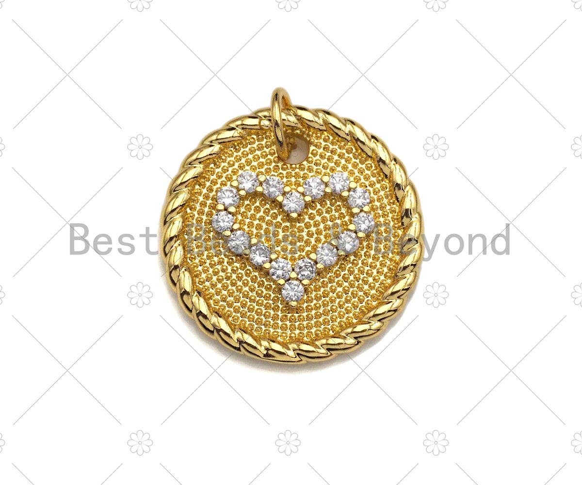 CZ Micro Pave Heart On Round Coin Charm/Pendant, Heart Shape Charm, Gold Coin Pendant, Gold plated charm, 18mm, Sku#LK131