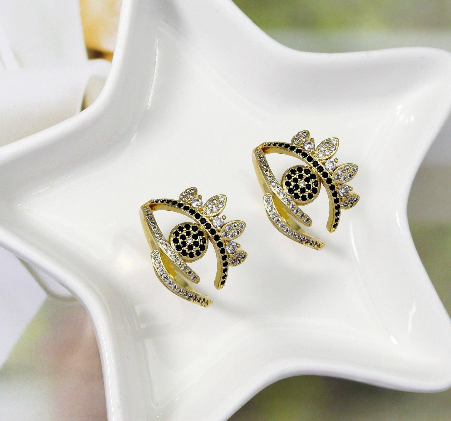 Black CZ Gold Evil Eye Oval Adjustable Ring, Sku#JL142