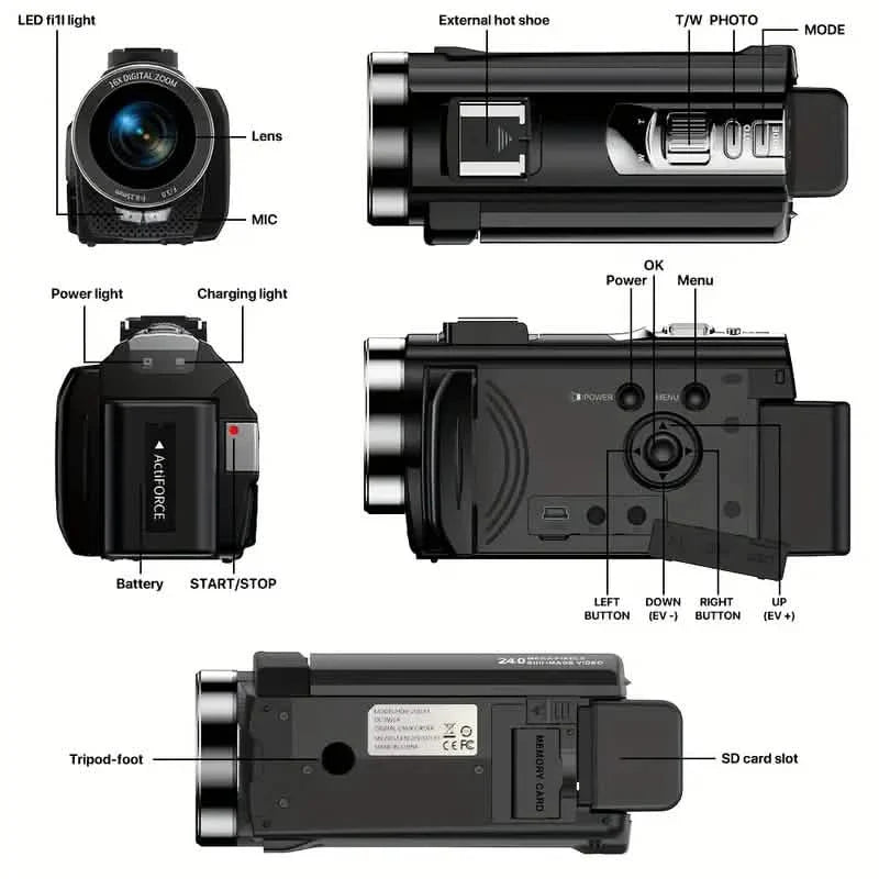 Appareil photo numérique HD 1080P avec zoom 16x, livré avec 2 batteries, carte TF 32 Go, micro, pare-soleil et sac.