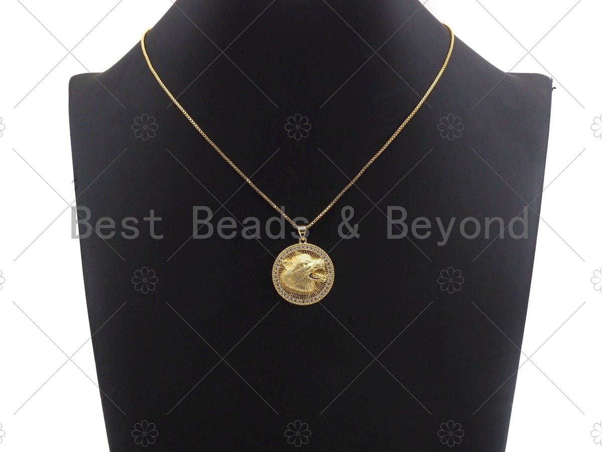 18K Gold Embossment Wolf Head On Round Coin Shape Pendant, Round Charm, Animal Pave Pendant, Gold plated, 25mm, Sku#LK60