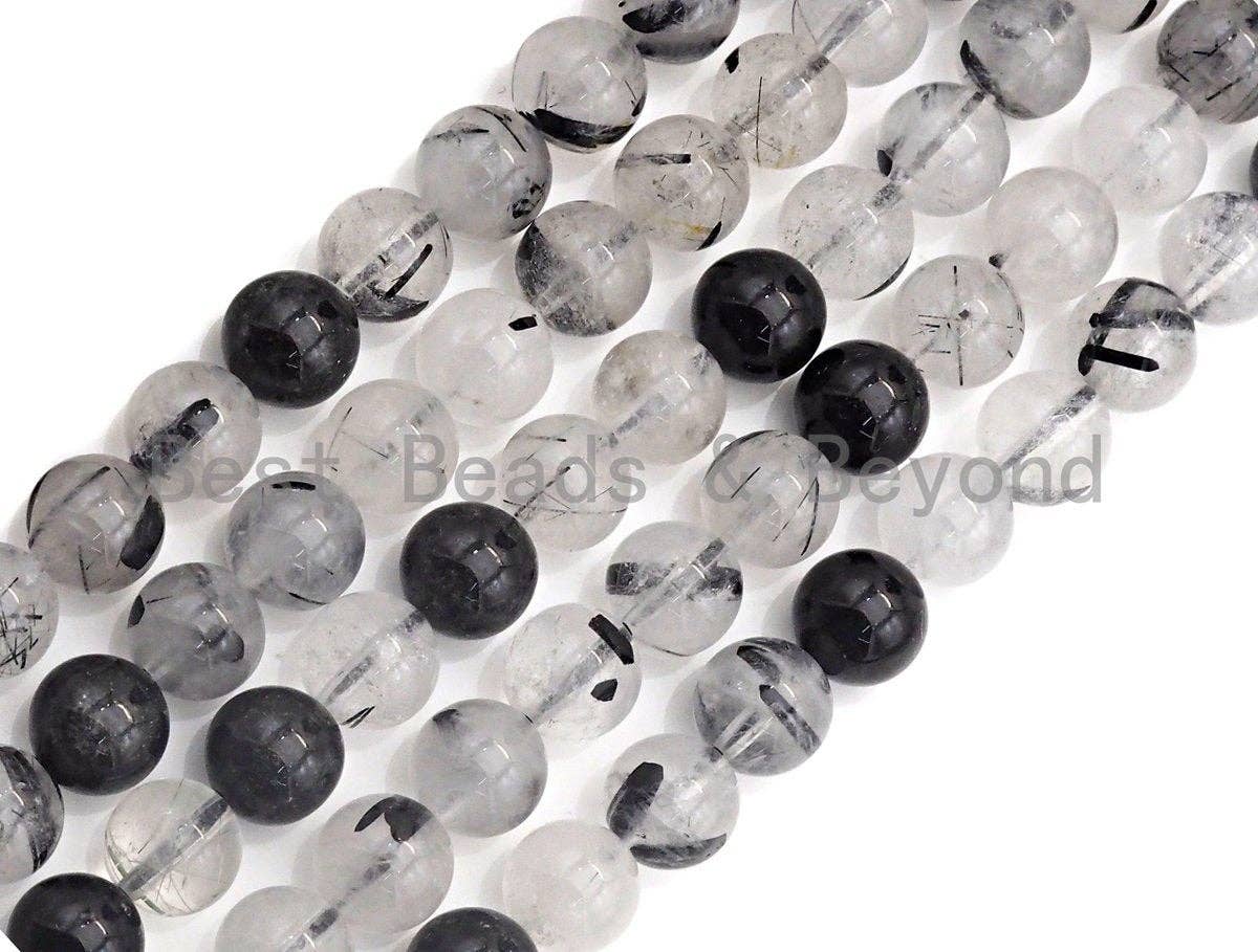Quality Natural Tourmalinated Quartz , 6mm/8mm/10mm  Round Smooth Beads, Natural Quartz, 15.5" Full Strand, sku#U687