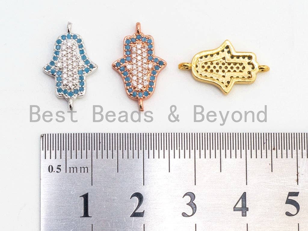 CZ Micro Pave Turquoise Clear CZ Hamsa Hand Connector, Cubic Zirconia Space Connector,11x18mm, sku#A59