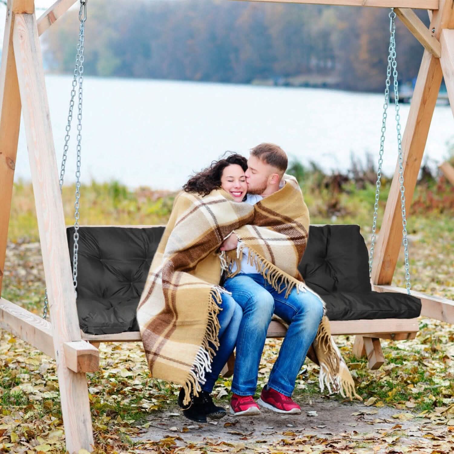2-3 Seater Swing Cushion Replacement Swing Beach Pads with Backrest 8-Tie Straps