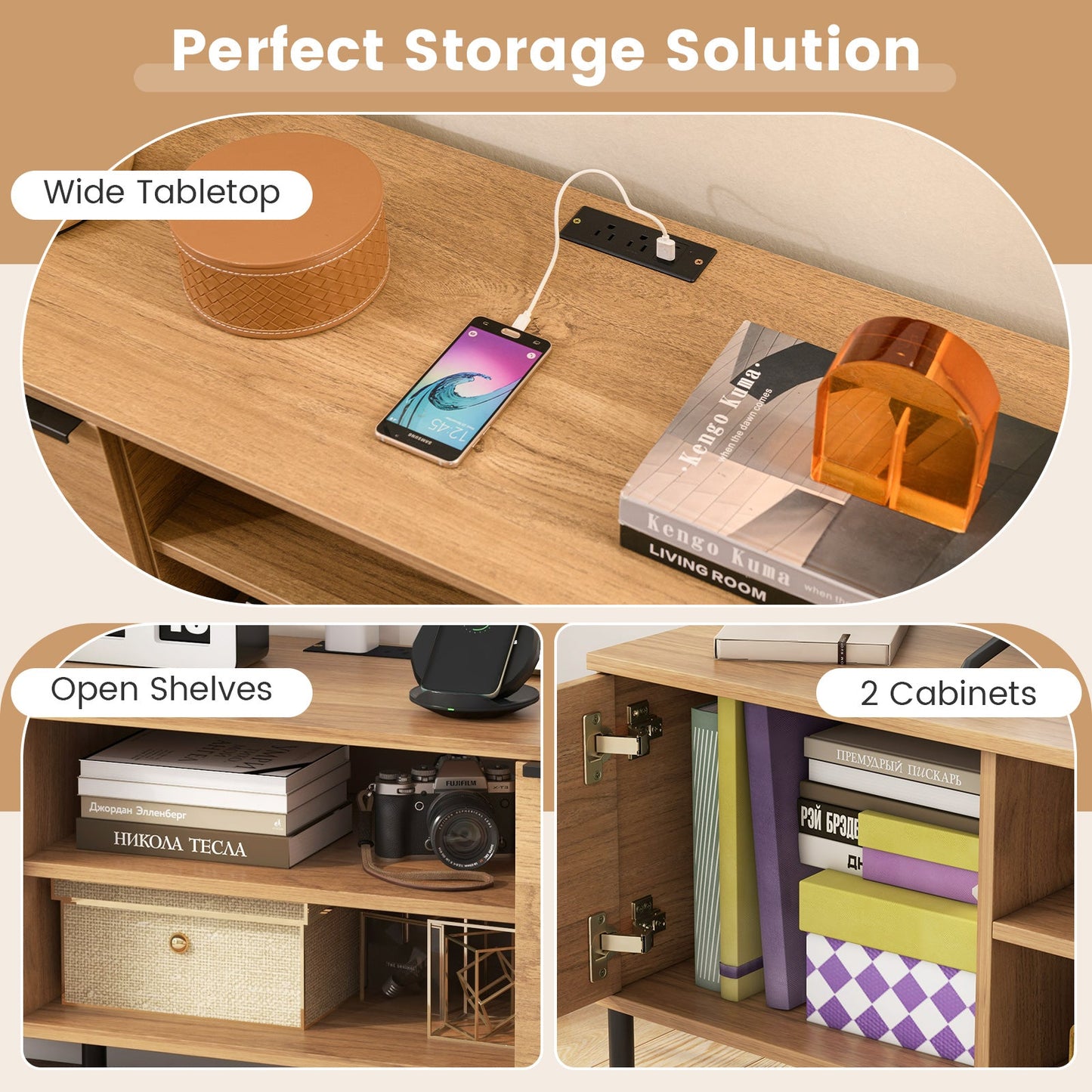 2-Door TV Stand with Charging Station and Open Shelves for TVs up to 65 Inches-Natural