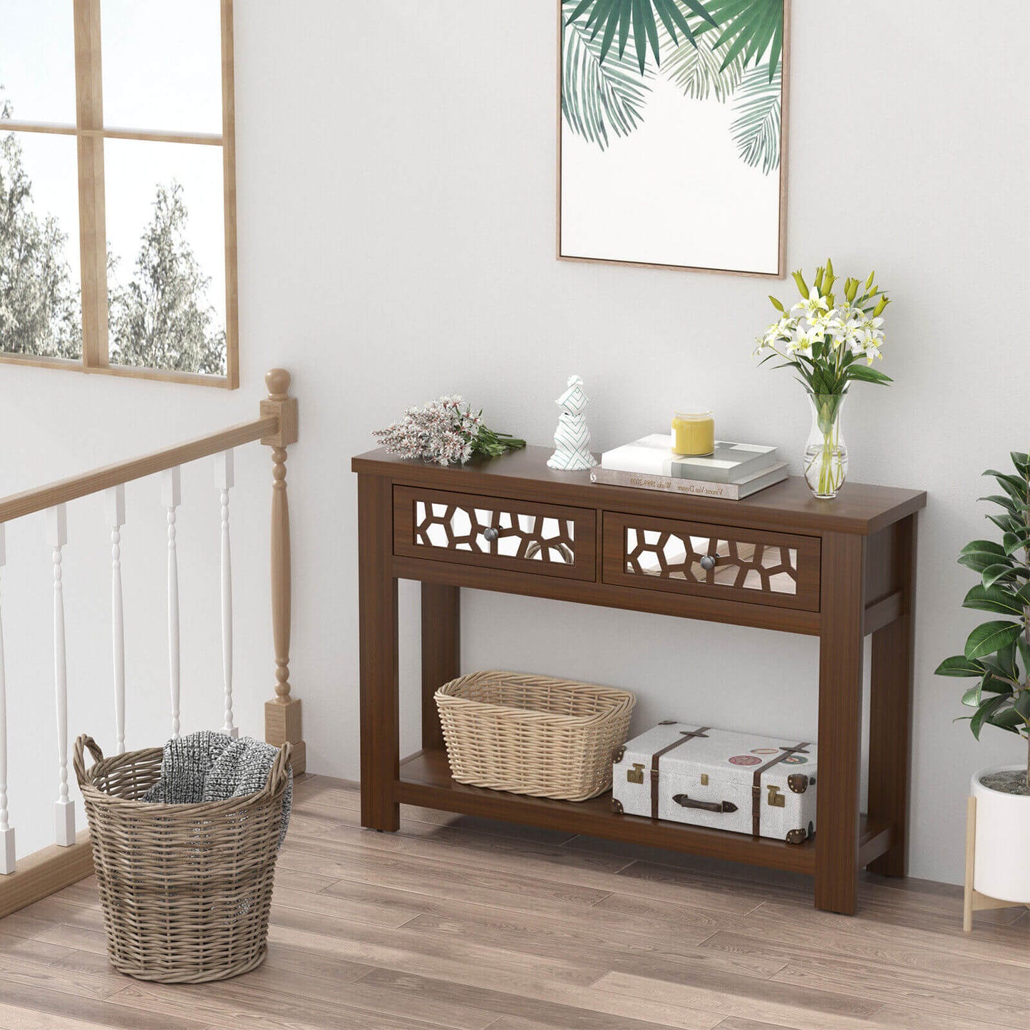 2-Tier Console Table with Drawers and Open Storage Shelf