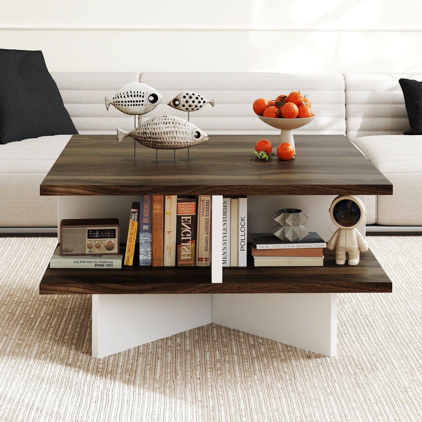 2-Tier Square Coffee Table with 4 Storage Compartments-Walnut