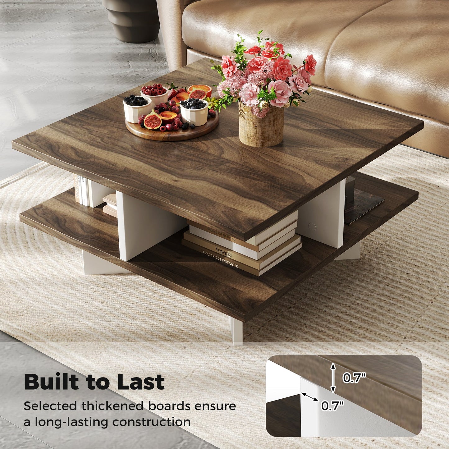 2-Tier Square Coffee Table with 4 Storage Compartments-Walnut