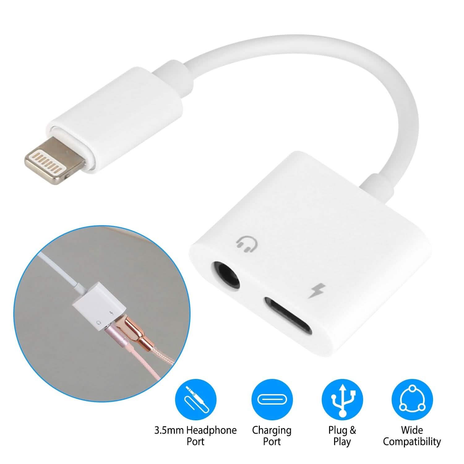 2-in-1 3.5mm Headphone Adapter Charger Audio Splitter Dongle