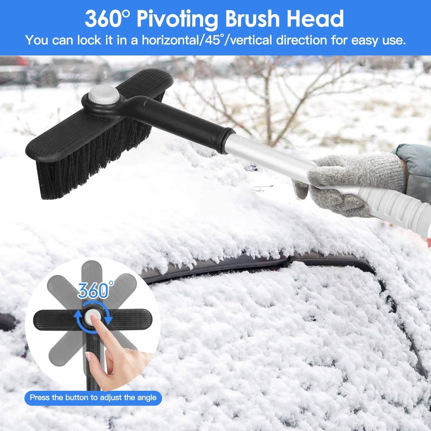 Pelle à neige 2-en-1 pour automobile, dégivrage avec tête de brosse pivotante à 360°