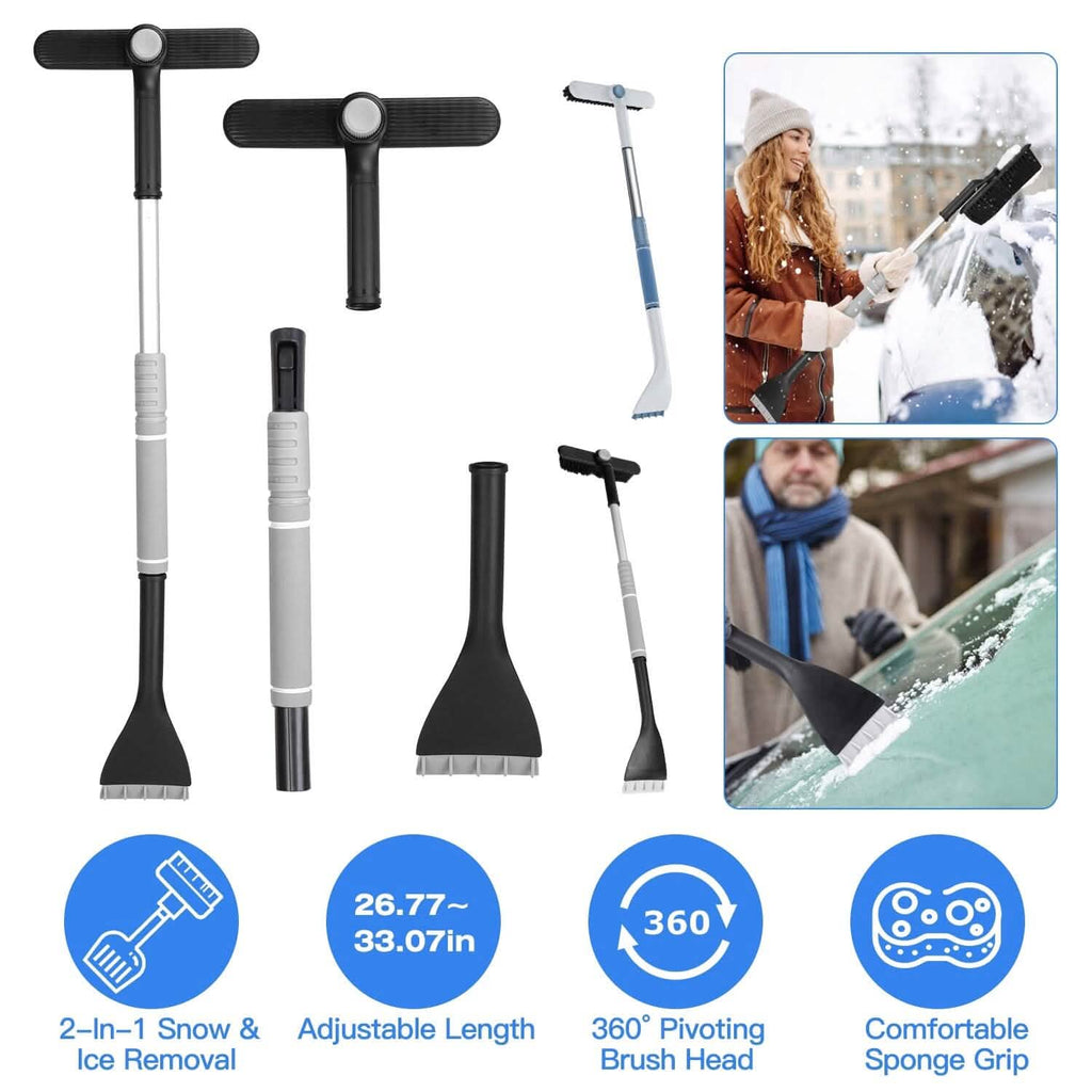 Pelle à neige 2-en-1 pour automobile, dégivrage avec tête de brosse pivotante à 360°