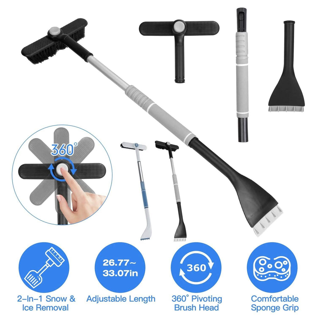Pelle à neige 2-en-1 pour automobile, dégivrage avec tête de brosse pivotante à 360°