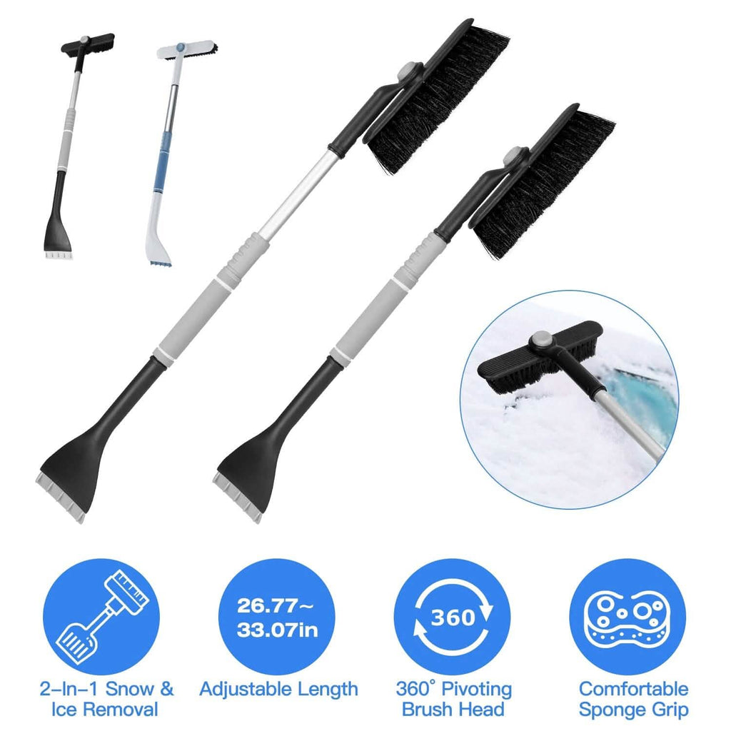 Pelle à neige 2-en-1 pour automobile, dégivrage avec tête de brosse pivotante à 360°