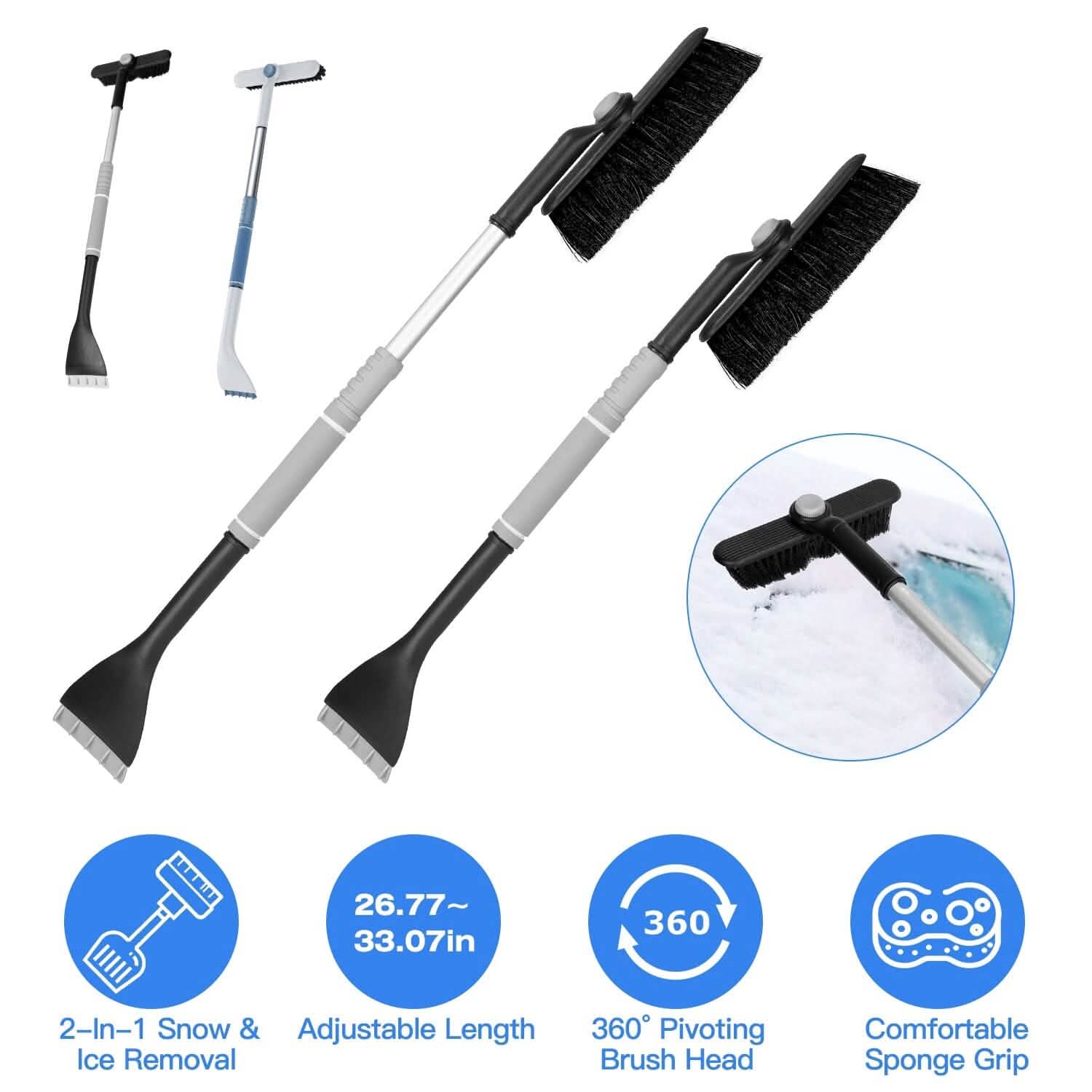 Pelle à neige 2-en-1 pour automobile, dégivrage avec tête de brosse pivotante à 360°
