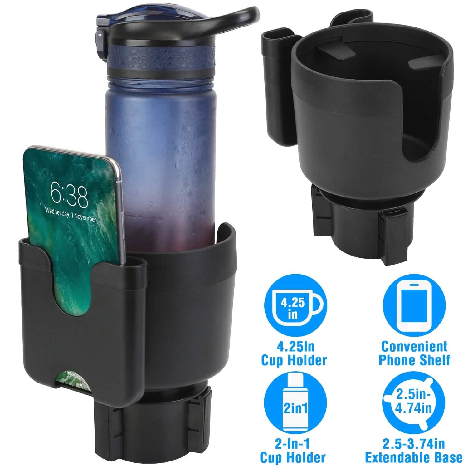 2-in-1 Car Cup Holder with Phone Holder Adjustable Base