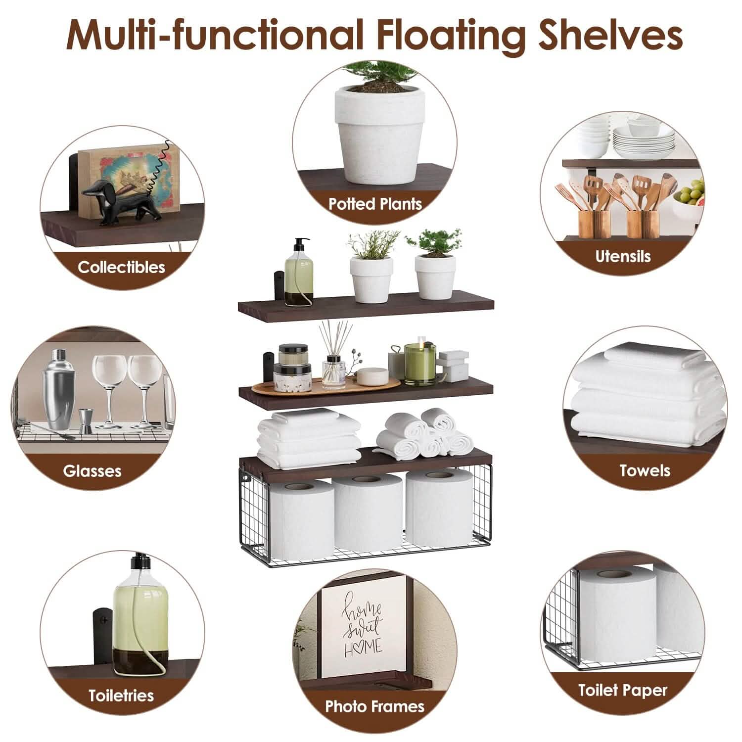2-in-1 Floating Shelves Wall Mounted with Storage Basket