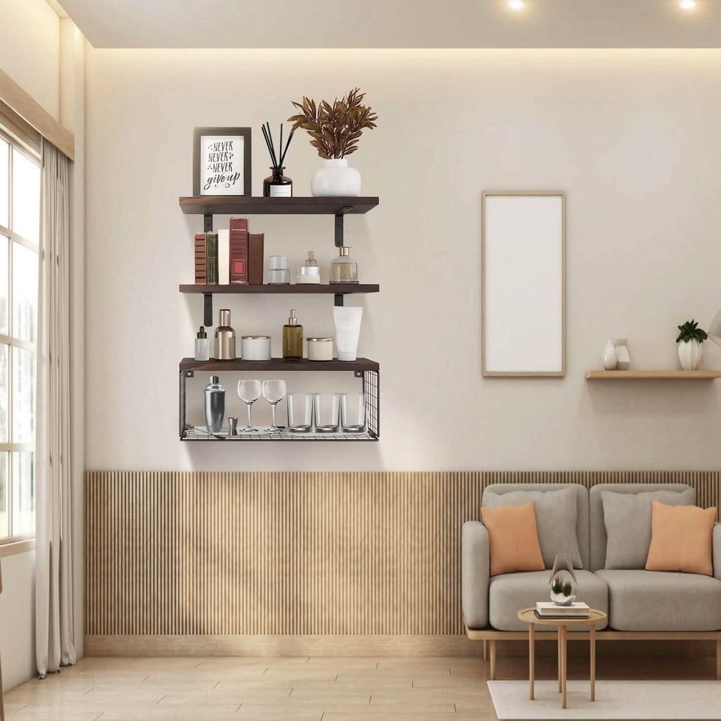 2-in-1 Floating Shelves Wall Mounted with Storage Basket