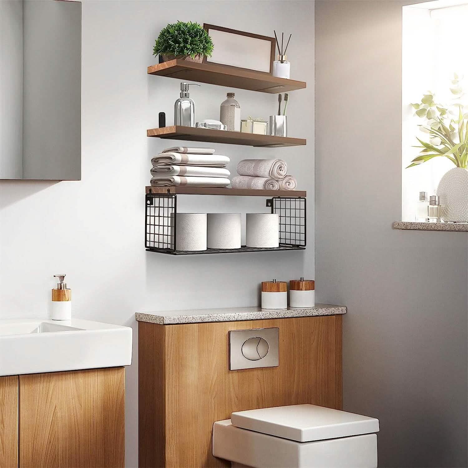 2-in-1 Floating Shelves Wall Mounted with Storage Basket