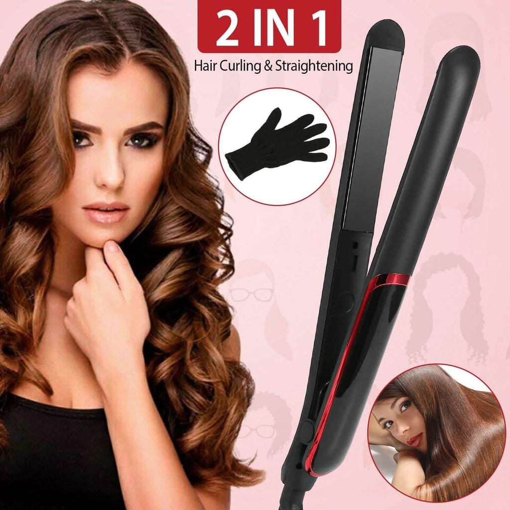 2-in-1 Twist Hair Straightener Ceramic Plate Hair Curler with Temperature Adjust LCD Display