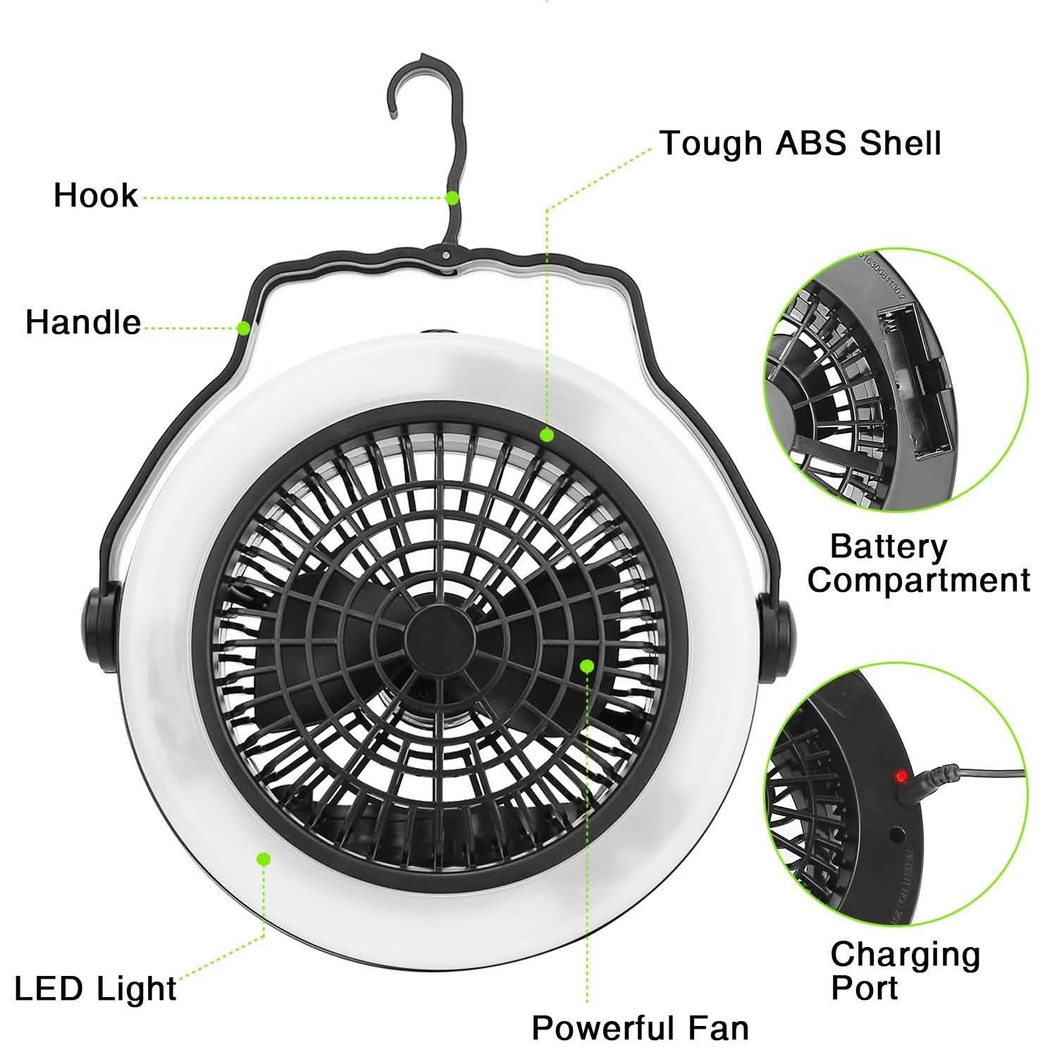 2-in-1屋外用バッテリー/USB駆動ポータブルキャンプ用LEDファン