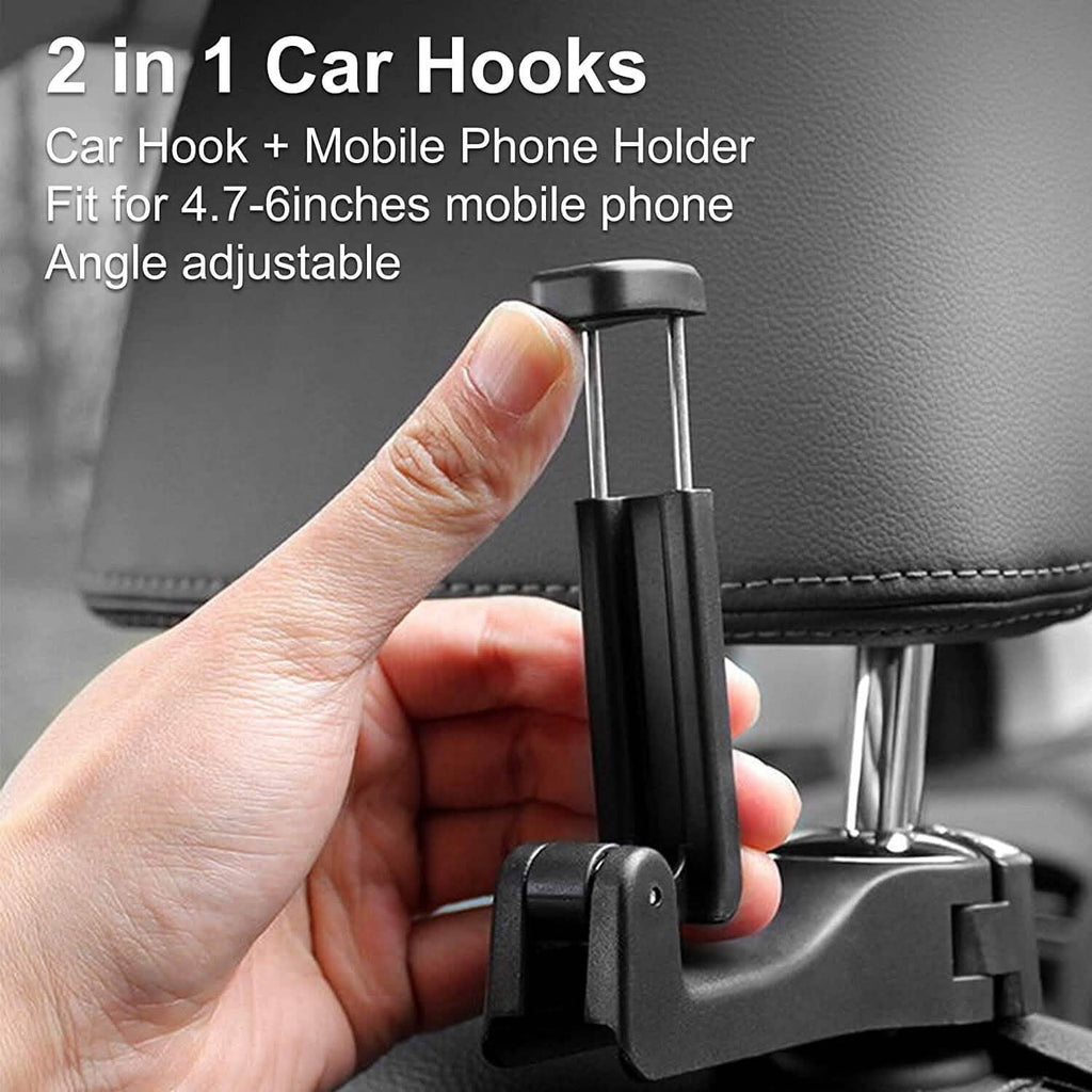 2-Pack: 2-in-1 Car Seat Hooks for Purses and Bags with Phone Holder
