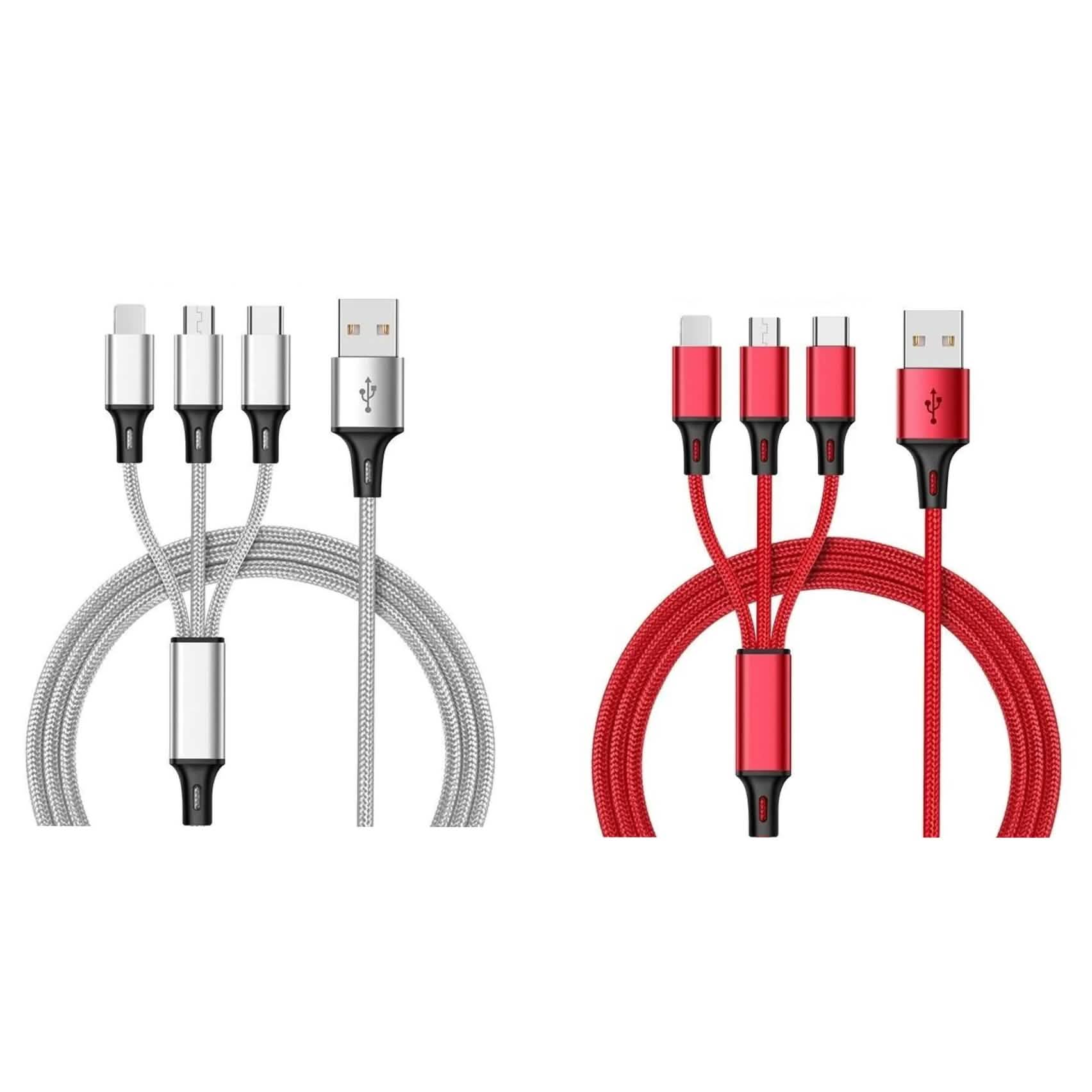 2-Pack: 3-in-1 Nylon Braided 4FT 3A Charging Cable
