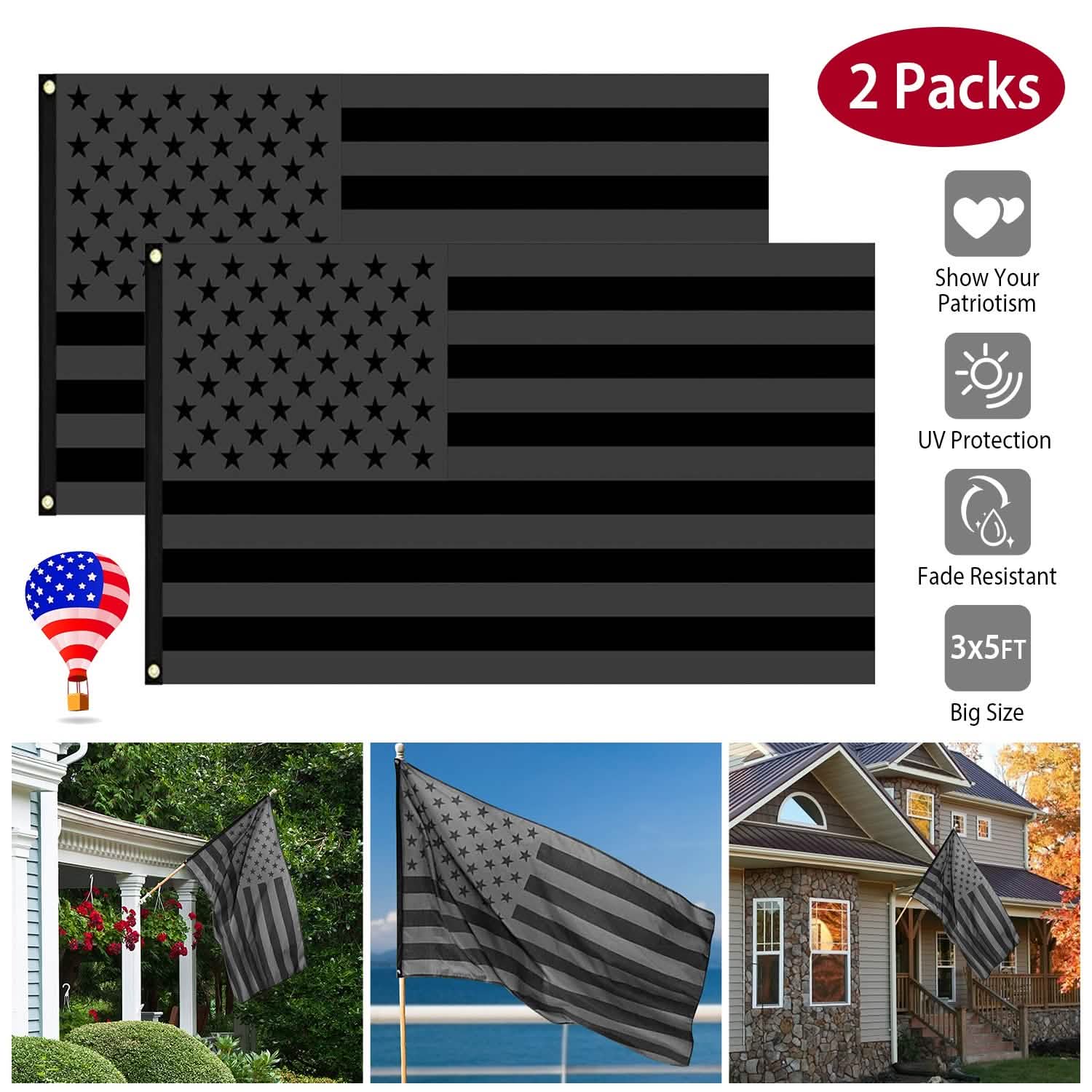 2-Pack: 3X5 Ft. All Black American Flag