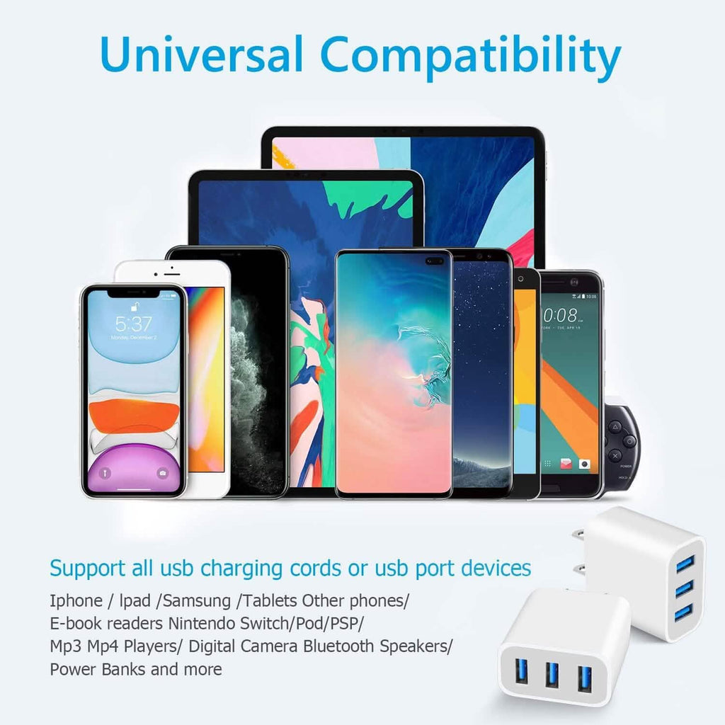 Lot de 2 : Adaptateurs chargeurs muraux USB compacts 3 ports avec charge rapide