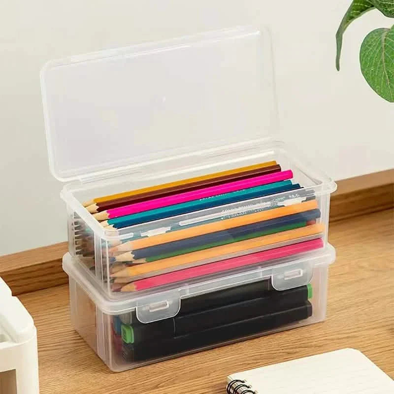 Lot de 2 : Grande boîte à crayons en plastique empilable et transparente