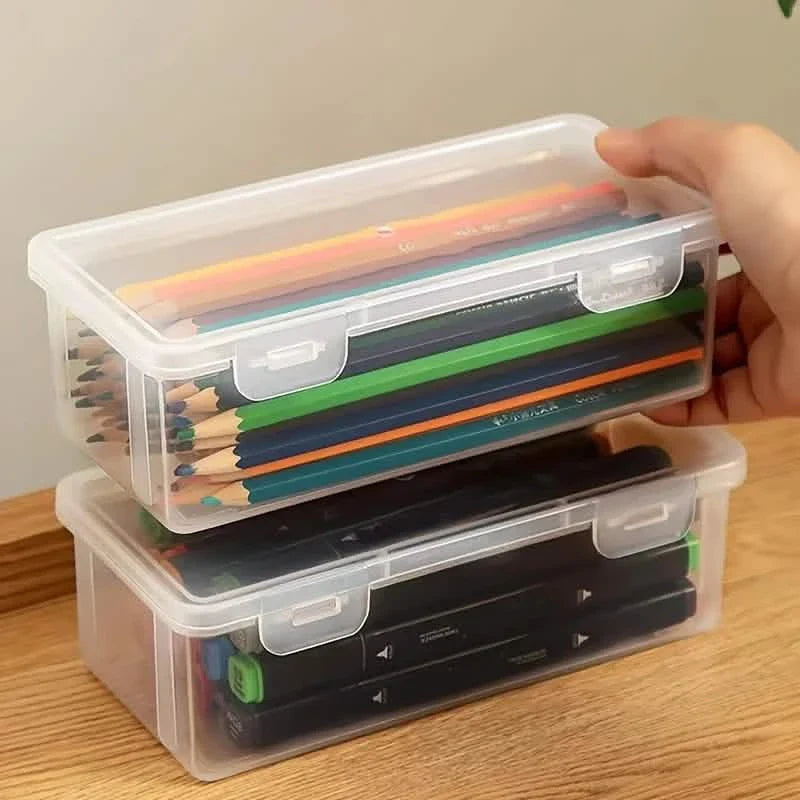 Lot de 2 : Grande boîte à crayons en plastique empilable et transparente